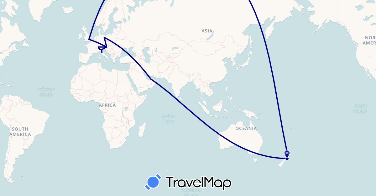 TravelMap itinerary: driving in United Arab Emirates, Austria, Switzerland, Germany, United Kingdom, Italy, New Zealand (Asia, Europe, Oceania)