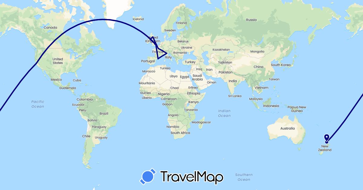 TravelMap itinerary: driving in Spain, France, United Kingdom, Italy, New Zealand, United States (Europe, North America, Oceania)