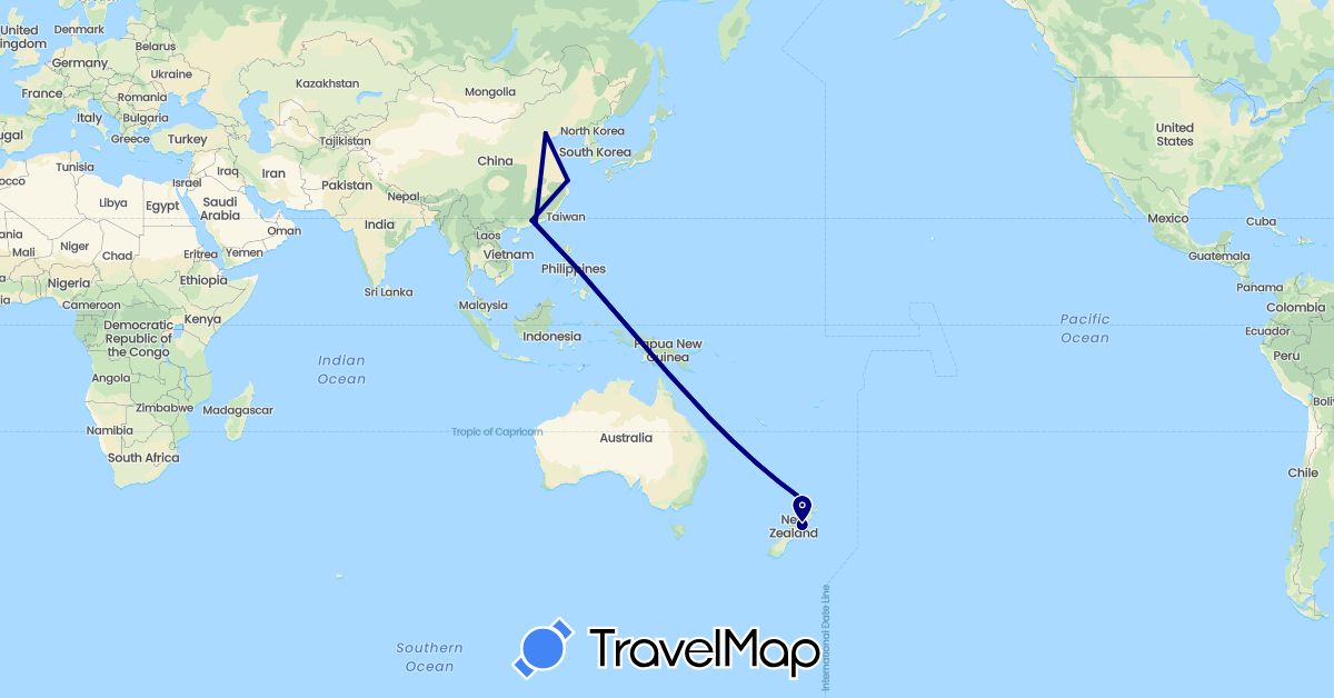 TravelMap itinerary: driving in China, Hong Kong, New Zealand (Asia, Oceania)